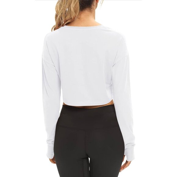 🌸3/$15🌸Long Sleeve White Crop Top Athletic t Shirt with Thumb Holes sz M - Picture 2 of 6